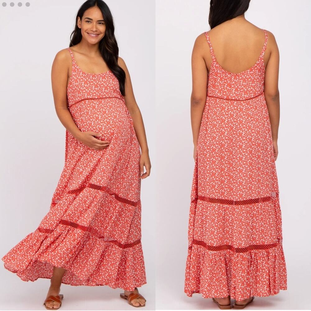 Pinkblush Easel Coral Ditsy Floral Crochet Accent Maternity Maxi Dress, size L